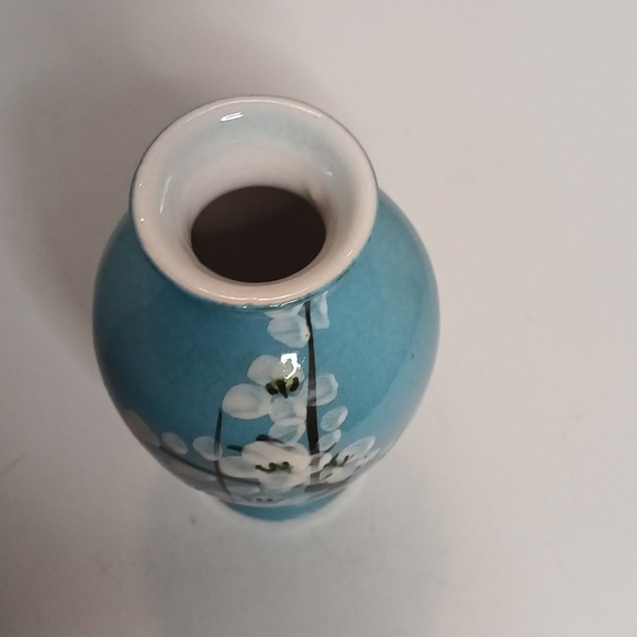 Vintage Hand Painted Cherry Blossom Branch Vase 6" Blue Ceramic Bohemian - Picture 8 of 10